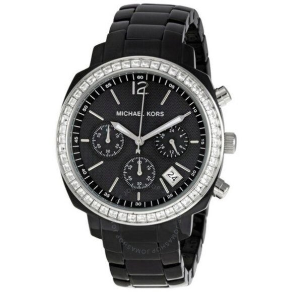 MICHAEL KORS Black MOP Dial Black Acrylic Bracelet with Glitz Watch - Picture 1 of 9